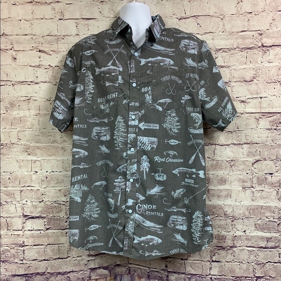 Reel Obsession Gray Fishing Print Button Front Shirt - Picture 1 of 8